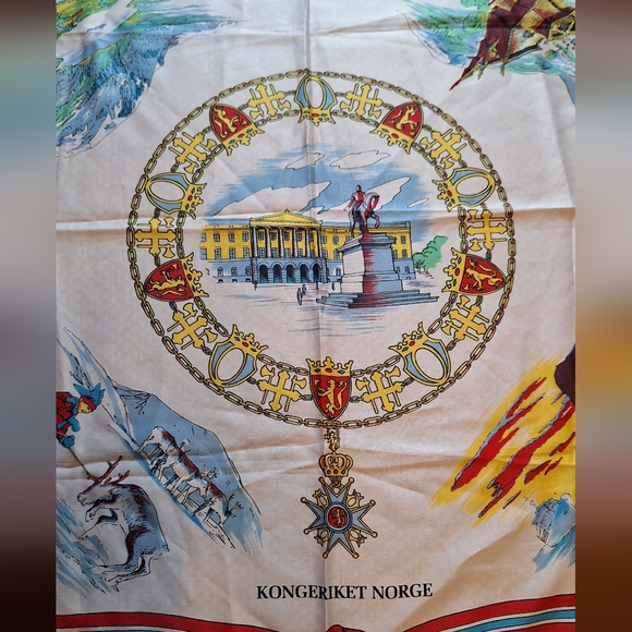 Norwegian Themed Souvenir Scarf By Hans Stub Collection with Red & Blue Accents - Picture 3 of 14